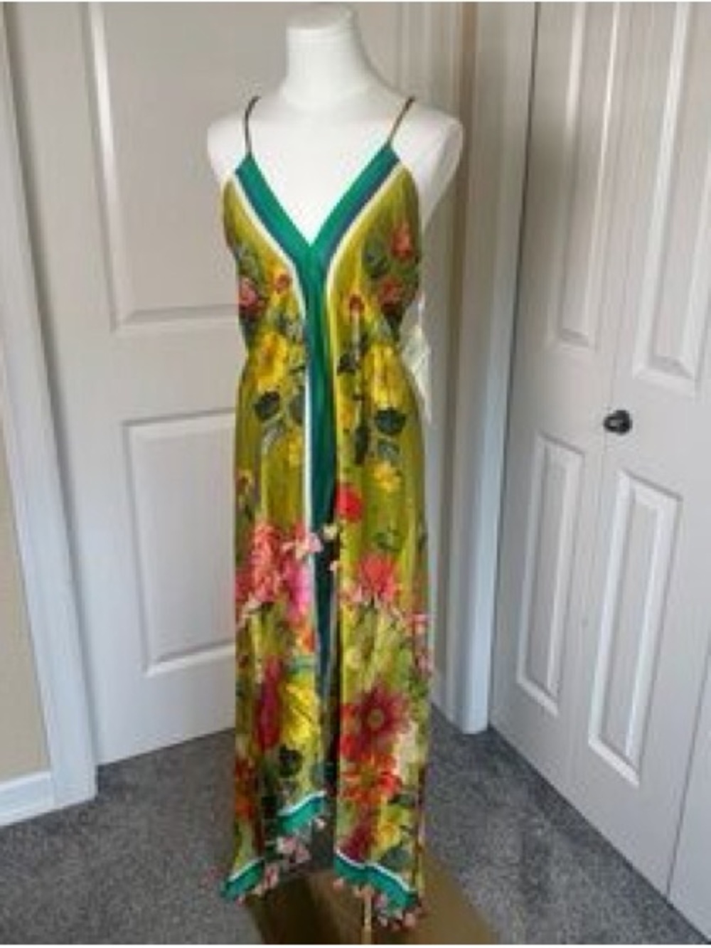 GORGEOUS NWT Aratta Bright Floral Green Maxi Dress with Pom Trim - Picture 2 of 4